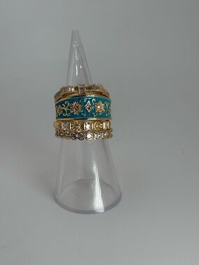 Boho Turquoise & Gold Stacked Ring Set • Rhinestone + Enamel • 5 Piece